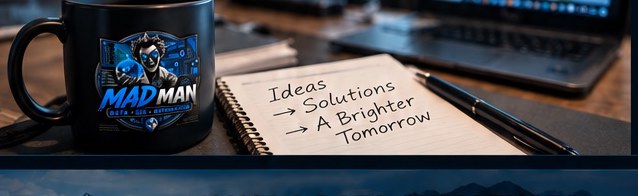 A Mad Man Data mug beside a notebook reading Ideas, Solutions, A Brighter Tomorrow