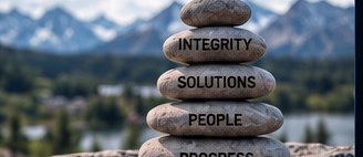 Stacked stones labelled integrity, solutions, people, progress