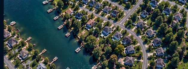 Aerial imagery of a lakeside community