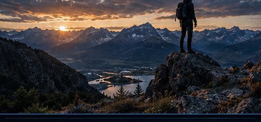 A person on a summit at sunrise overlooking mountains and a lake