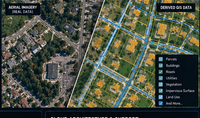 Aerial imagery compared with derived GIS data — parcels, buildings, roads